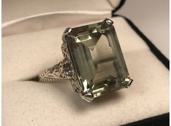 Stunning Sterling Silver / 925 Ring With Large Green Amethyst In Very Ornate Setting - VERY PRETTY !