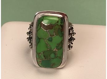 Fabulous And RARE Green Turquoise Stone Set In Sterling Silver With Gold Streaks - Made By Artisans In India