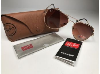 Brand New RAY BAN Aviators - With Case & Cloth Gold Frame With Medium Brown Lenses