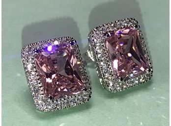 Lovely Sterling Silver Earrings With Nice Clean Sparking Pink Tourmalines - Square Shape With White Zircons