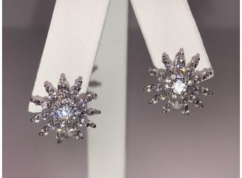 Beautiful Sterling Silver / 925 Starburst / Sunburst Earrings - With Pave White Topaz - AMAZING !