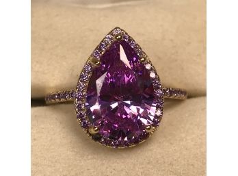 Fabulous Sterling Silver With 14k Overlay With Deep Color Amethyst Encircled With Amethysts