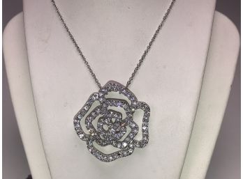 Very Pretty 925 / Sterling Silver Necklace With Floral Pendant - 15' Necklace - Very Delicate & Elegant