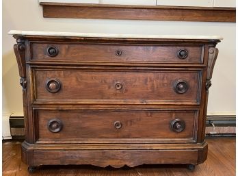 19th Century Burl Wood Veneer Chest Of Drawers With Marble Top