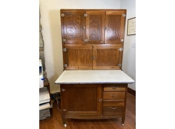 Vintage Oak Hoosier Cabinet With Enamelware Counter