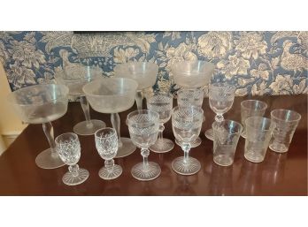 Lot Of Crystal Glassware - 16 Total Glasses -  12 Are Stemware / 4 Are Traditional Shot Glass Form