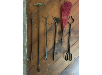 Antique Cast Iron Fireplace Tool Set With Protective Screen