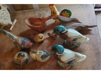 Vintage Lot Of Nine Bird Figurines - Ceramic, Wood, Pottery