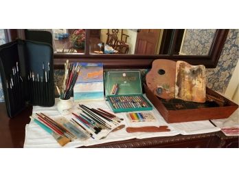 Estate Artist's Ocean Painting, 45 Paint Brushes, Brush Case, Wood Palettes,Storage/ Carrying Tray & Chalk Lot