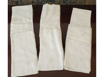 Six Vintage White Linen Napkins With Embroidered Capital 'B' Monograms