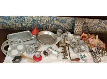 Large Lot Of Antique Kitchen Tools -Table Talk Pie Tin, Meat Grinder, Tiny Metal Pans, 5 Mixer Whiskers