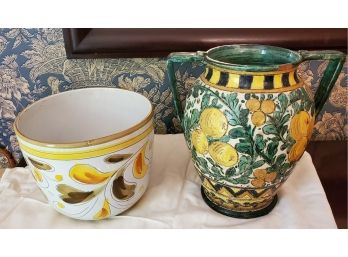 Two Artistic Pieces Of Colorful, Thick Italian Pottery: A Two-handled Vase & One Planter