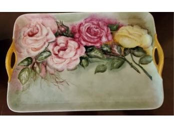 2 Gorgeous & Colorful Flowers On Fine Porcelain Serving Trays - Large One Has Gold Gilded Handles And Accents