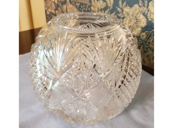 Vintage Elegant Cut Glass Spherical Flower Vase With Ridge Top Edge Opening - Wheat Bursts -stars -Diamonds