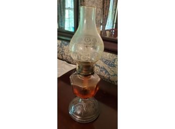 Antique Kerosene Lamp With Painted Chimney Glass Shade And Decorated Base