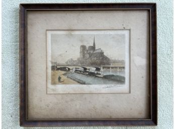 Antique Framed  Colored Etching River Landscape