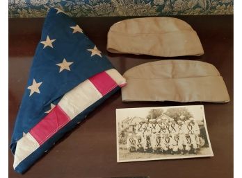 Vintage Military Lot - From The Estate Owner's Grandfather - 48 Star US Flag, 2 Military Caps, Drum Corp Photo