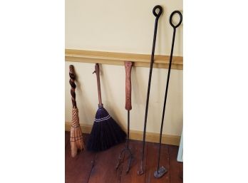 Lot Of 5 Vintage Fireplace Tools- Poker, Scrape, Fork, 2 Brooms