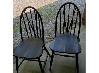 Two Antique Wood Chairs With Crossed Thin Arrow- Spindle Backs With Slight Saddle Seats