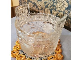 American Brilliant Cut Clear Glass Floral Bucket Form Vase / Planter With Top Handles And A Saw Tooth Top Rim