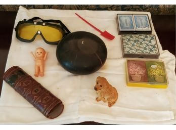 Lot Of Nine Fun And Useful Treasures - Playing Cards, An Unused Candle, Goggles, Dog Figurine & More