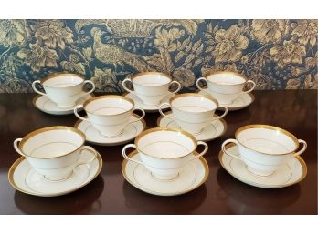 Vintage Royal Crown Chelsea China Of England - 8 Sets Of Gold Gilt Two Handled Cups & Saucers