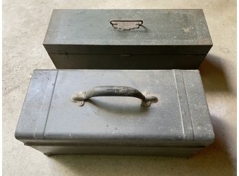 Lot Of Two Vintage Metal Tool Boxes With Vintage Workshop Tools & Extras