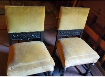 Two Antique Yellow Cushioned Chairs Found Up In The Attic - Beautiful Wood Carvings On The Back & Lovely Legs!