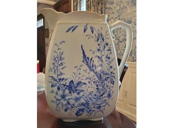 Antique Ironstone Half- Gallon Pitcher With Blue Flowers