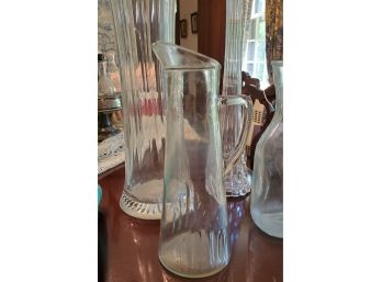 Vintage Glass Lot: Two Tall & Large Glass Vases One Handled Pitcher & One Wine Carafe