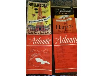 Seven Vintage Magazines - 2 The Atlantic, Harpers, 2 Popular Science, National Message 1938, Popular Mechanics