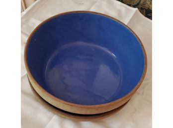 Two Beautiful & Vintage Tycer Pottery Japaneeso Earthenware &  Blue Glaze Baker Bowls 9 7/8' Diameter