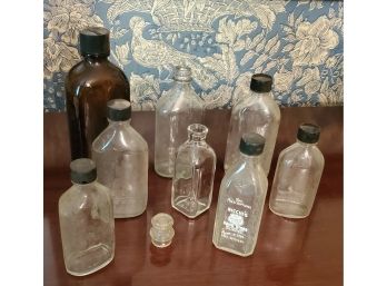 Lot Of 9 Antique Pharmacy And Medicine Glass Bottles Plus An Extra Glass Stopper