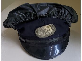 Vintage Special Police Hat / Cap With Metal Badge In Front & A Removable Rain Cap & Button