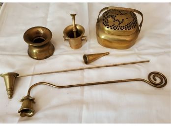 Five Vintage Brass Items-3 Snuffers (Long Belled & Flower), Mortar & Pestle, Mini Spittoon & A Pierced Box