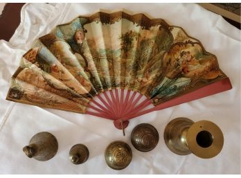 Five Vintage Brass Bells & A Colorfully Illustrated Two-sided Fan. The Fan Is 9' Tall X 15' Wide.