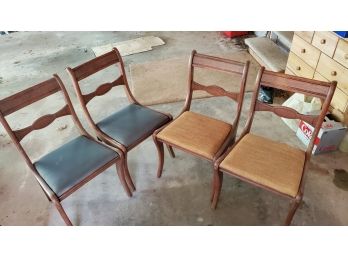 Four Vintage Chairs With Two Styles Of Seat Cushion Styles - 2 Are Green Vinyl & 2 Are Tan Fabric