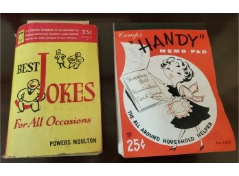 2 Vintage Items: Vintage Handy Memo Pad- Wonderful Period Cover Graphics & 1942 Best Jokes For All Occasions