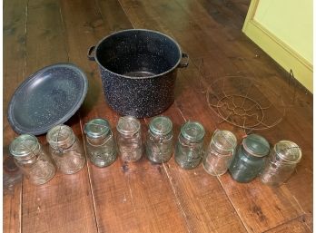 Hand Blown Atlas & Ball Mason Jars Circa 1908 With Porcelain Pot & Wire Insert