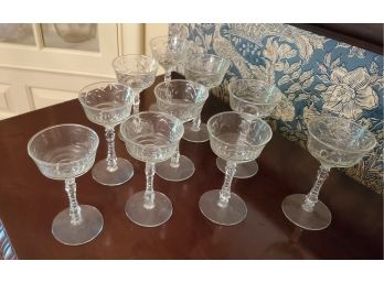 Nine Vintage Crystal Wine / Aperitifs Glasses - Stemware. Floral And 6-point Star Base Decorations