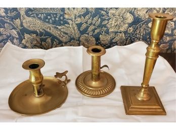 Lot Of Three Vintage Brass Candleholders -1 Adjustable Candlestick Holder, One With Thump Grip, 1 Straight