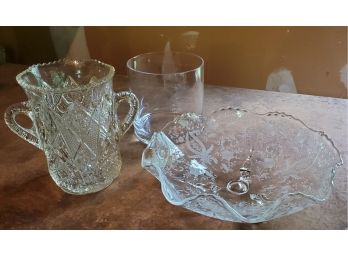 Assortment Of 3 Versatile Glass & Crystal Items - Round Clear Vase, Etched Candy/ Serving Bowl & 2 Handle Vase