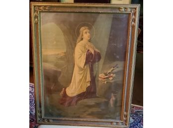 Antique Gold Painted Frame Around A  Print Of A Saint In Prayer