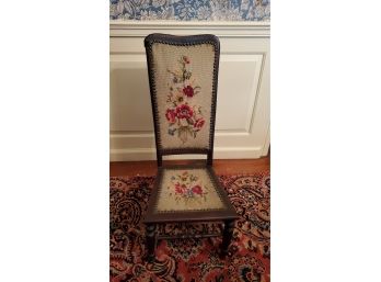 Antique High Back Child's Chair With Lovely Embroidered Upholstery Seat & Back Trimmed With Nail Head Tackss