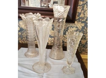 Lot Of Four Glass Vases - A Mixture Of Cut &  Pressed Glass (Lot 1 Of 2 Lots)