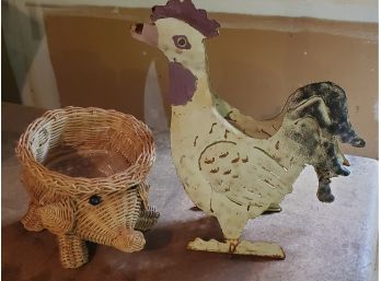 Antique Hand- Crafted Decorative Items- A Pierced Metal Chicken & A Wicker Elephant Planter