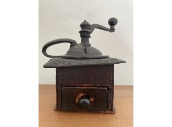 Antique Coffee Grinder With Cast Iron Hardware And Wooden Base