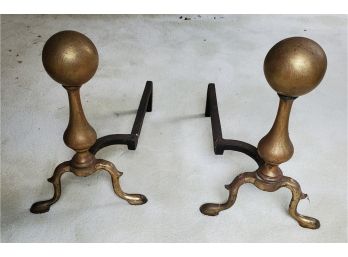 Vintage Brass Ball Fireplace Andirons - Nice Antique Patina