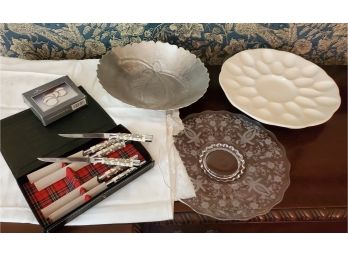 Treasure Lot Of Inlayed Steak Knives In Their Original Packaging, Coasters, & 3 Serving  Plates