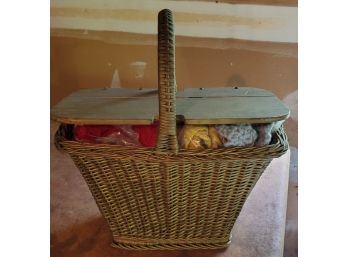 Vintage Handled Sewing Basket Full Of Wool, Threads, A Glove, Plus More